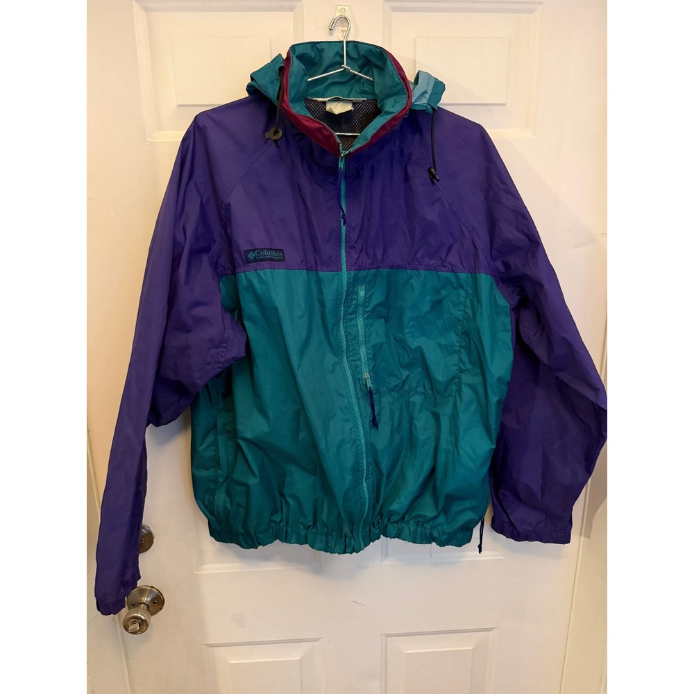 LL Bean Vintage Windbreaker Jacket Mens XL Purple Teal Colorblock Hooded Zip
